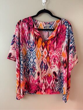 Chico's Pink & Orange Abstract Print Dolmen Sleeve Blouse Size 2 (Large)
